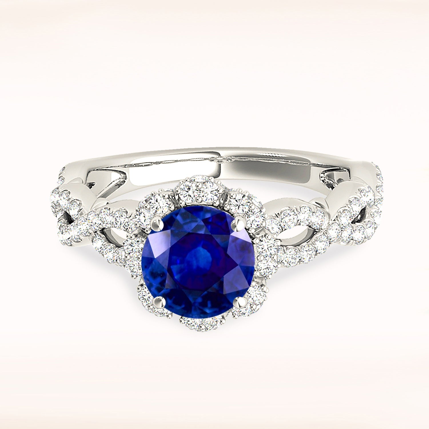 1.35 ct. Genuine Blue Sapphire Ring With 0.70 ctw. Diamond Floral Halo, Open Braided Diamond Band | Natural Sapphire And Diamond Ring-VIRABYANI